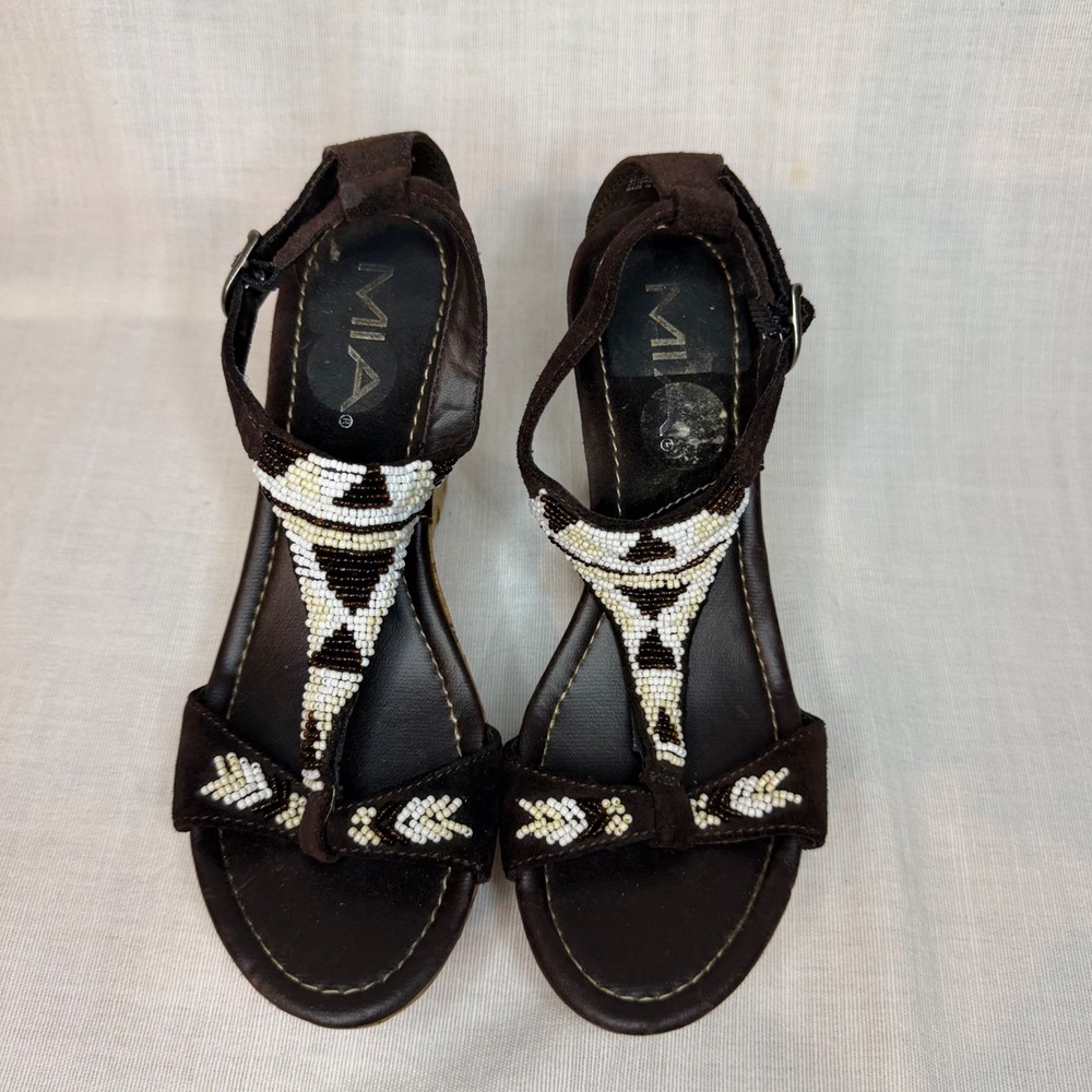 Vintage Y2K 90's MIA Suri Brown Suede Beaded Cork Wedge Platform Sandals 5M Boho